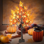 24 Inch Lighted Maple Tree with 36 Lights, 6 Acorn, Timer Battery Operated Tabletop Artificial Fall Tree for Thanksgiving Harvest Home Decor, Fall Table Centerpiece Decorations