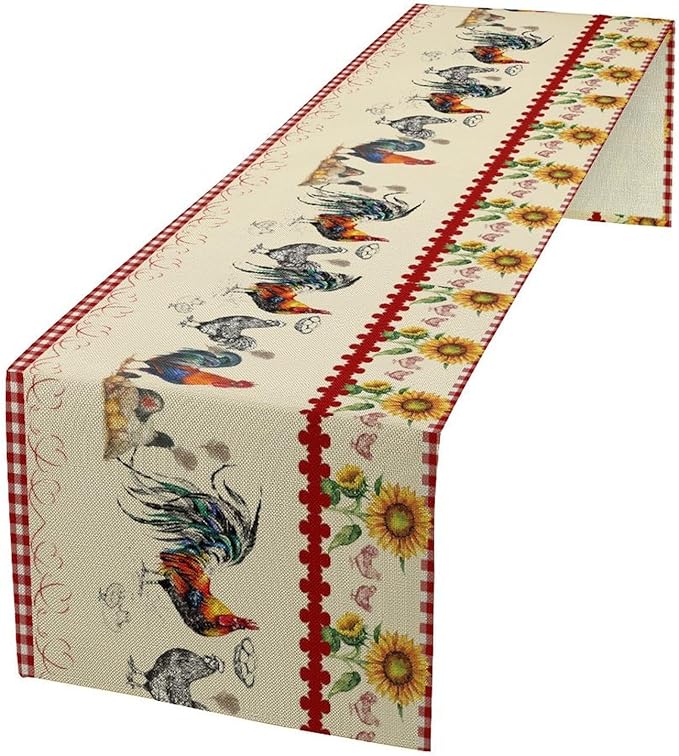 Rustic Rooster Table Runner,Vintage Country Farm Sunflower Chicken Red Plaid Print Tablecloth Burlap for Hotel Indoors Outdoor Dining Room Kitchen Home Decor,W13X L90 in