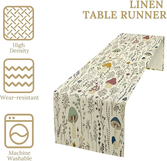 Mushroom Table Runner,Colorful Wild Plants and Fungus Botanical Plants Pattern Print Burlap for Hotel Indoors Outdoor Dining Room Kitchen Holiday Party, 13x80in