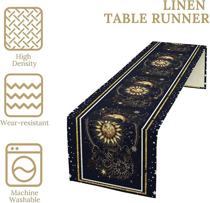 Sun Moon Table Runner, Seasonal Golden Sun Moon Holiday Kitchen Dining Table Runner for Kitchen Living Room Home Party Decor 13x36 Inch