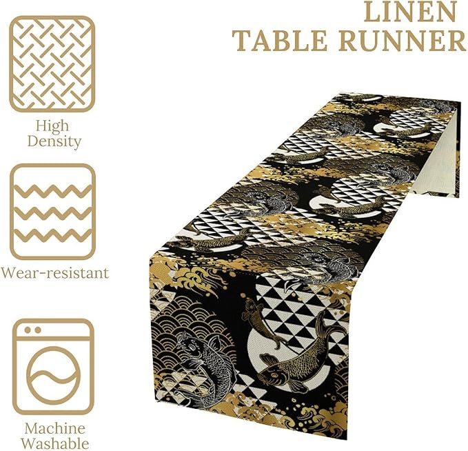 Japanese Table Runner Oriental Tradition Kio Fish Gold Art Printed Burlap Runner Home Kitchen Dining Table Living Room Decor Fabric 1 Panel W13xL70in