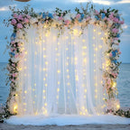 Tulle Backdrop Curtain with Lights String 30 X 10FT Ivory Sheer Tulle Backdrop Curtains for Wedding Birthday Party Reception Photo Booth Background Decorations (6 Panels 5x10FT)