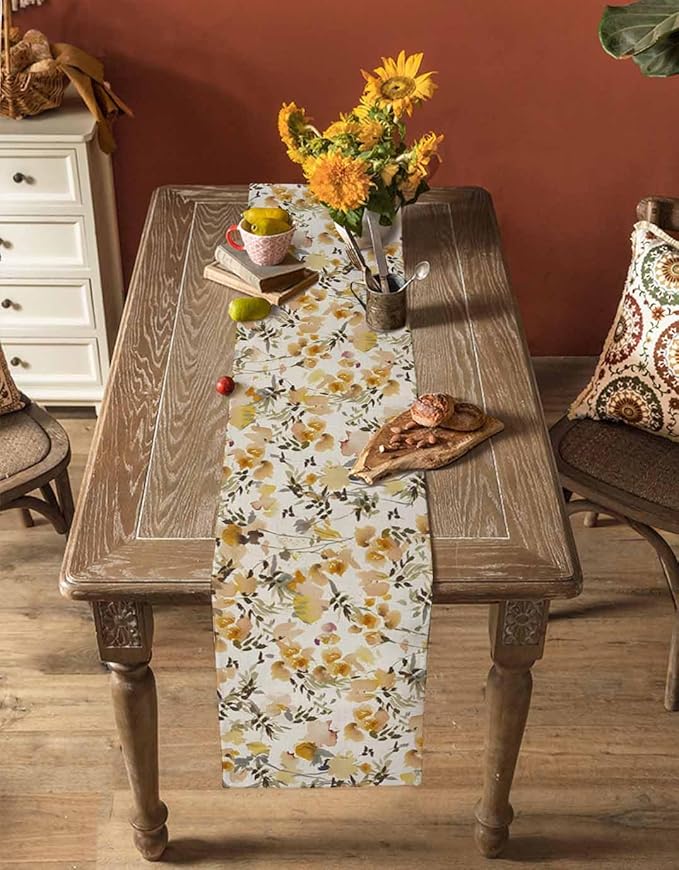 Vintage Orange Flower Cotton Linen Table Runner for Dining Kitchen, Wedding Outdoor Party Tablerunners Decoration, Farmhouse Botanical Floral Retro Dresser Scarf Coffee Tablecloth Runners 13''x108''