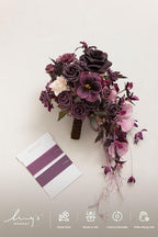 Ling's moment Purple Bridal Bouquet Cascading, Plum Wedding Bouquets for Bride, 13 Inch Bride Bouquets for Wedding Artificial Flowers Bouquets