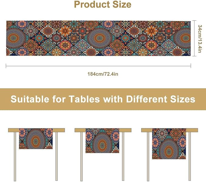Bohemian Table Runner, Colorful Vintage Indian Mandala Floral Table Runners for Kitchen Dining Coffee Table Indoor Outdoor Party Decor, 13x70inch