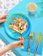 141 Pieces Sky Blue Gold Party Supplies, Party Dinnerware Sets Include Paper Plates Napkins Cups Silverware, for Wedding Bridal Shower Engagement Birthday Parties Decoration -20 Serves