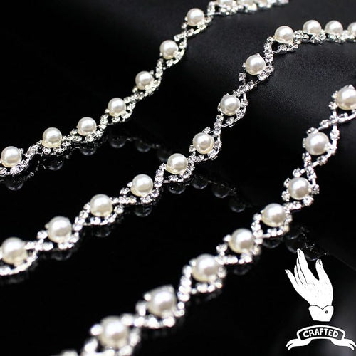 2 Yard Pearl Rhinestone Trim Chain Silver String Crystal Applique Fringe Ribbon Strips Beads Sewing Dress DIY Party Wedding Bouquet for Decoration Bridal Costume Embellishment