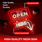 Ineonlife We Are Open Here Neon Sign Dimmable Neon Signs For Wall Decor Led Lights For Bar Man Cave Club Store Hotel Restaurant Coffee Shop Business Decor Gifts USB Powered 12.6x15.35in