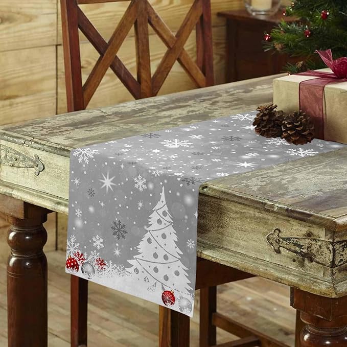 Christmas Snowflakes Cotton Linen Table Runner for Dining Kitchen, Xmas Tree Snow Winter Wedding Outdoor Party Tablerunners Decoration, Grey Balls Dresser Scarf Coffee Tablecloth Runners 13x90 Inches