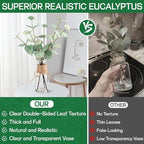 Artificial Eucalyptus Stems in Glass Vase with Faux Water, 15" Small Bathroom Greenery with Double-Sided Green Leaves, Farmhouse Office Decor, Realistic Fake Plant Wedding Centerpiece