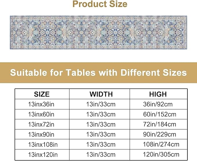 Vintage Boho Floral Table Runner, Rustic Country Farmhouse Blue Yellow Retro Flower Pattern for Home Kitchen Table Decor Dining Coffee Room Party Decor 13x108in
