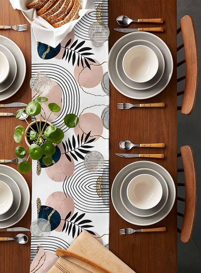 Modern Boho Cotton Linen Table Runner for Dining Kitchen, Wedding Outdoor Party Tablerunners Decoration, Abstract Bohemian Tropical Palm Leaf Dresser Scarf Coffee Tablecloth Runners 13x36 Inches