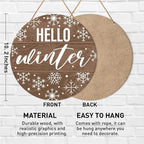 Muktoujaumai Hello Winter Sign Front Door Decor, Christmas Round Hanging Sign Decor Rustic Snowflake Xmas Holiday Wall Decorations Winter Wood Sign for Door, Porch, Home, Welcome Winter