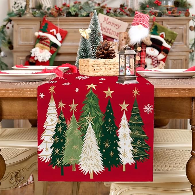 GEEORY Christmas Table Runner 13x60 Inch, Xmas Trees Snowflakes Holiday Decorative Farmhouse Table Decoration for Kitchen Dinning, Indoor Outdoor Dinner Party Decor (Red) GT150-60