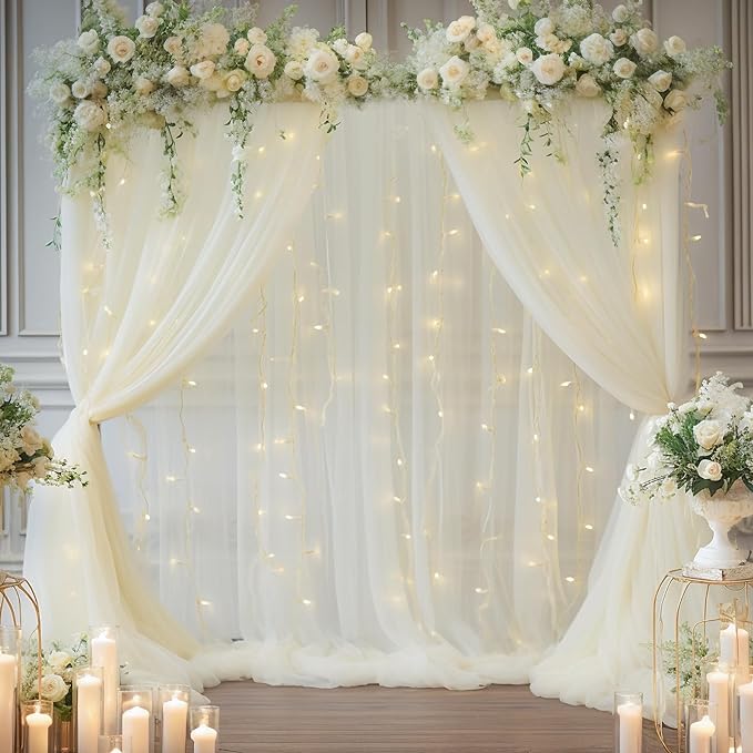 20×10ft Cream White Tulle Backdrop Curtain with Lights String for Parites, Sheer Curtain Backdrop Drapes for Wedding Party Home Decorations