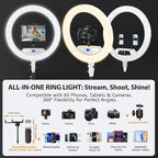 Ring Light 22inch Kit: Ring Light Tripod for iPhone ipad,with 75" Tripod/LCD Display/4 Phone Tablet Clips/2 USB Ports,LED RingLight for Barber Makeup Tattoo TikTok Video Recording Vlog (White)