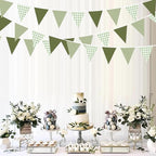 32Ft Sage Green Party Decorations Sage Gingham Banner Olive Green Buffalo Plaid Checkered Triangle Flag Pennant Fabric Garland Streamers for Birthday Baby Shower Wedding Picnic Golf Party Decorations
