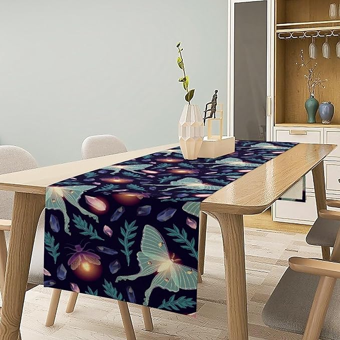 Moth Table Runner, Retro Boho Aesthetic Blue Moth Magic Table Runner for Home Kitchen Dining Party Indoor Outdoor Decoration 13x90 Inch