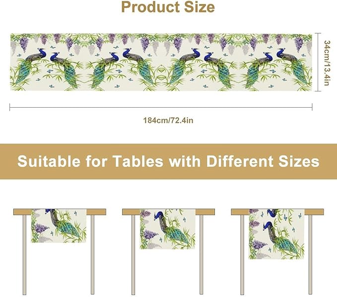 Peacock Table Runner,Spring Plant Butterfly Print Seasonal Table Runner for Home Kitchen Dining Party Indoor Outdoor Decoration 13x36 Inch