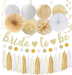 Champagne Gold White Bridal-Shower Party-Decorations - 31pcs Bride To Be Banner,Boho Neutral Bachelorette Paper Lanterns,Wedding Streamers Garland,Tissue Pom Poms Flower Fan Decor Supplies Burgleda