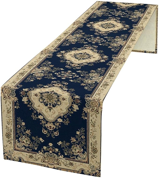 Vintage Elegant Farmhouse Table Runner Blue Beige Flower for Home Farmhouse Kitchen Table Dining Coffee Room Garden Party Wedding Decor 13x120in