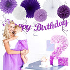 Purple Lilac-Lavender White Women Birthday Party-Decorations - 21pcs Happy Banner,Paper Lanterns,Tissue Pom Poms Flower Fan,Honeycomb Ball,Hanging Streamers Garland, Girls Decor Supplies Huglony