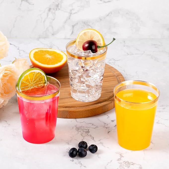 Goodluck 200PCS 12oz Gold Plastic Cups for Party, Disposable Gold Rim Cups, Plastic Cocktail Glasses for Wedding Thanksgiving, Christmas, and Parties
