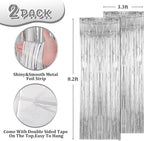2 Pack Silver Foil Fringe Backdrop Curtains, Tinsel Streamers Birthday Party Decorations, Fringe Backdrop for Graduation, Baby Shower, Gender Reveal, Disco Party