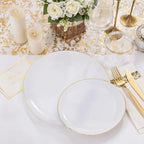 NOCCUR 350PCS Gold Disposable Dinnerware Set for 50 Guests - White and Gold Plastic Plates Include 50 Dinner/Dessert Plates, 150 Silverware and 50 Napkins/Cups Ideal for Fall Party&Thanksgiving