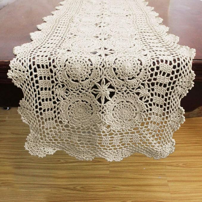 KEPSWET Cotton Handmade Crochet Lace Table Runner Beige Rectangle Coffee Table Dresser Decor (14x60 inch)