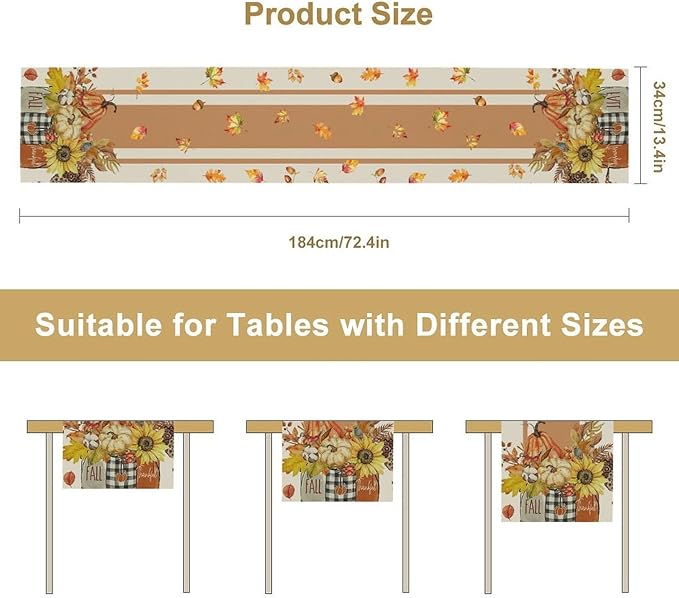 Autumn Table Runner,Thanksgiving Fall Pumpkin Leaves Floral Table Cloth for Kitchen Dining Table Decoration Home Party Decor 13x70 Inch