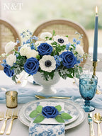 N&T NIETING Artificial Flowers Roses 25Pcs Fake Flowers Foam Roses with Stems for Halloween DIY Wedding Bridesmaid Bridal Bouquets Centerpieces Party Home Decoration Baby Shower, Navy Blue