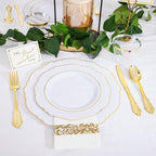 350 Pieces Gold Disposable Plates for 50 Guests, Plastic Plates for Party, Dinnerware Set of 50 Dinner Plates, 50 Salad Plate, 50 Spoons, 50 Forks, 50 Knives, 50 Cups for Thanksgiving