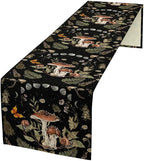 Mushroom Kitchen Table Runner, Boho Vintage Wild Flower Gothic Witchy Moonlit Forest Plant Table Runner for Bedroom Living Room Kitchen Dinner Table, 13x60 Inch