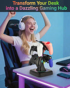 Controller Stand with RGB Multi-Color Light Modes - Headset Holder for PS5, Xbox, Switch - Gaming Room Decor, Desk Organizer for Gamers