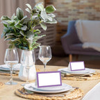 25 Pack Purple Border Place Cards, Editable Name Cards for Table Setting, Tent Cards Food Label for Dinner Party, Bridal Shower, Wedding, Baby Shower and Events -T24