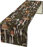 Mushroom Table Runner,Retro Forest Wildflower Botanical Plants Flower Art Pattern Print Burlap Hotel Indoors Outdoor Dining Room Kitchen Holiday Party, 13x70in