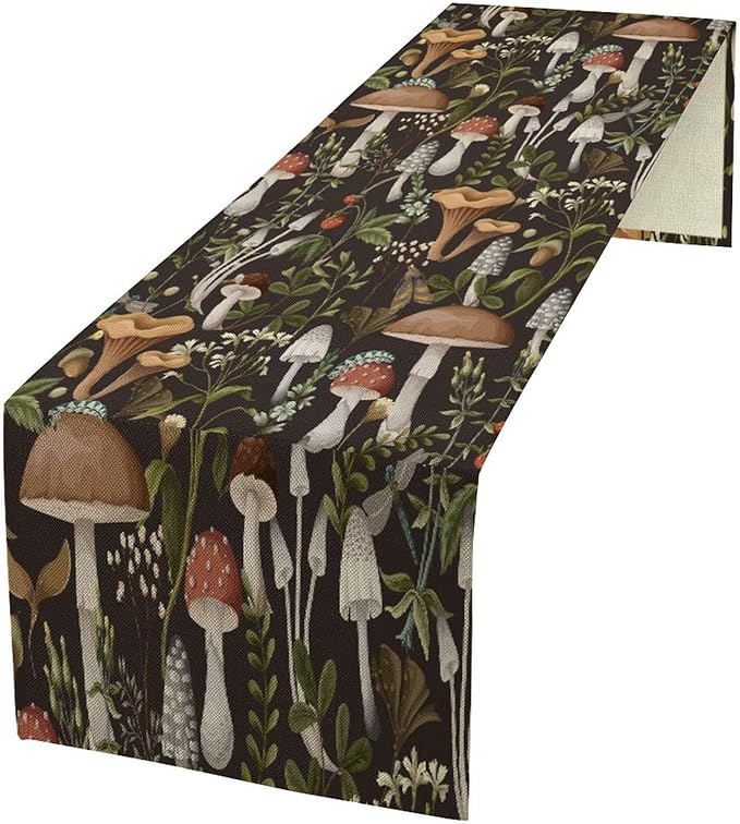 Mushroom Table Runner,Retro Forest Wildflower Botanical Plants Flower Art Pattern Print Burlap Hotel Indoors Outdoor Dining Room Kitchen Holiday Party, 13x108in