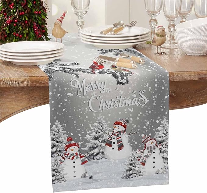 Christmas Snowman Cotton Linen Table Runner for Dining Kitchen, Snowflakes Xmas Pine Tree Wedding Outdoor Party Tablerunner Decoration Winter Bird Dresser Scarf Coffee Tablecloth Runners 13x60 Inches