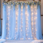 Blue Tulle Backdrop Curtains with Lights String for Parites Baby Shower 30×8ft Blue Sheer Backdrop Curtains Drapes for Bridal Shower Birthday Party Photo Shoot Background Decorations(6 Panels 5×8ft)