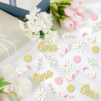 220PCS One Silly Goose Birthday Decor for Girl, Goose Dot Leaves Flower 1st Birthday Confetti for Pink and Gold First Bday Decorations.