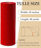 Red Tulle Fabric Roll, 54" x 40 Yards (120FT) Tulle for Christmas Decorations Gift Wrapping Wedding DIY Tutu Party Backdrop Baby Shower Table Skirts