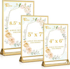 EHWINE 2 Pack Acrylic Sign Holder 5 x 7, Double Sided Gold Picture Frame Stand up Table Top Sign Holders, Clear Display Stand Menu Flyer Holder for Wedding Party