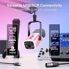 FIFINE XLR Gaming Microphone USB, PC Dynamic Microphone Kit for Vocal, Recording, Podcast, Streaming RGB Mic with Headphone Jack, Mute Button, Boom Arm Stand for Computer/Mixer-AmpliGame AM8T Pink