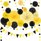Black and Yellow Party Decorations, 23Pcs Hanging Paper Fans Birthday Decorations with Black Pom Poms Flowers for Boy Birthday, Bridal Shower, Baby Showers, Wedding