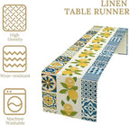 Lemon Table Runner,Watercolor Blue Fruits Green Leaves Print Table Cloth Kitchen Dining Table Home Party Decoration 13x90 Inch