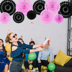 BEISHIDA Pink Black Hanging Honeycomb Round Paper Fans Decoration Bachelorette Theme Tissue Paper Fan Garland for Bridal Shower Women Girls Birthday Wedding Party Supplies（10packs）