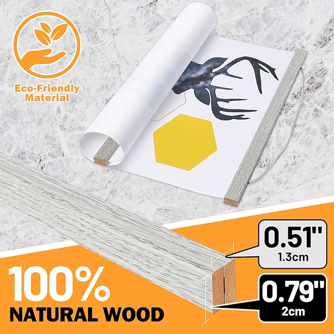 Magnetic Poster Hanger, 12x18 12x16 12x24 Poster Frame Wood Wooden Magnet Print Posters Dowel Scroll Hanger Hangers Hanging Kit for Walls Map Canvas Artwork (Grey, 12")