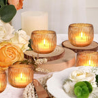 Set of 6 Ribbed Glass Votive Candle Holders, Gold Glass Tealight Holders for Taper Candles - Elegant Table Centerpieces for Weddings, Christmas, Parties, and Home Decor
