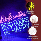 Drink Coffee Read Books Be Happy Neon Sign USB Powered Led Read Books Neon Light for Wall Decor Dimmable Pink Blue Neon Light Up Signs for Classroom Coffee Shop Bookstore Library Museum Study Room(16.5*12.6In)